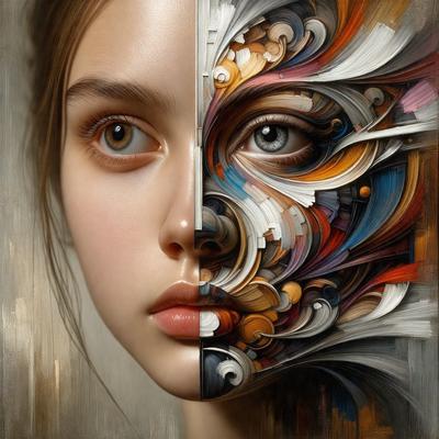 The primary subject of the image is a woman's face, which is depicted in two different ways. One half of her face is shown as a painting, while the other half is shown as a photograph. The setting is a painting of a woman's face, and the visual style is a combination of painting and photography. The colors and mood of the image are vibrant and artistic, with the woman's face being the main focus of the artwork.